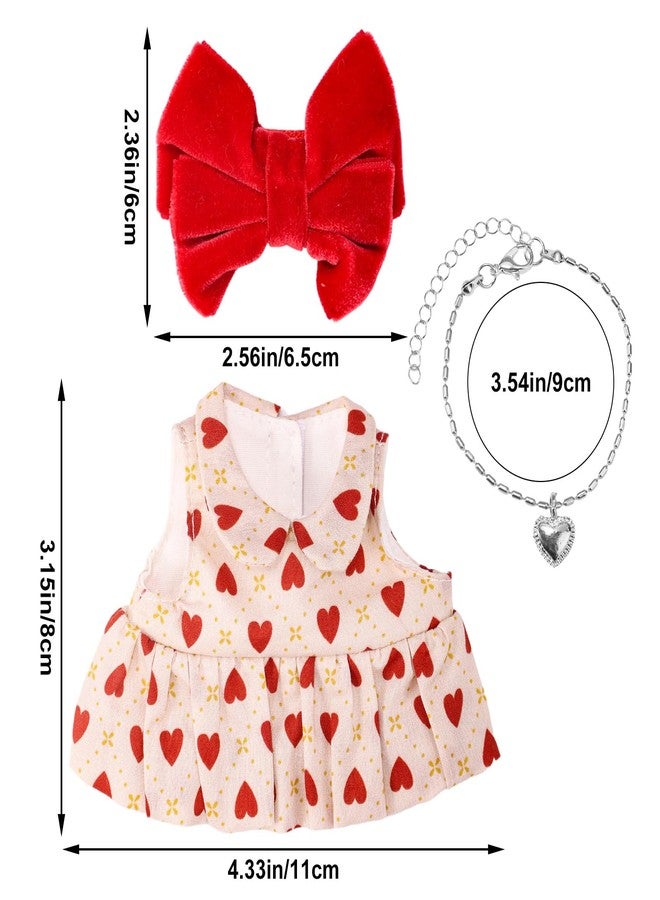 Sinbana 3pcs 17cm Doll Dress Set, Cute Style Sleeveless Dress with Red Velvet Rosette Clips and Silver Heart Shape Necklace Retro Style Outfits and Accessories for Collectors(No Doll Included) - Image 2